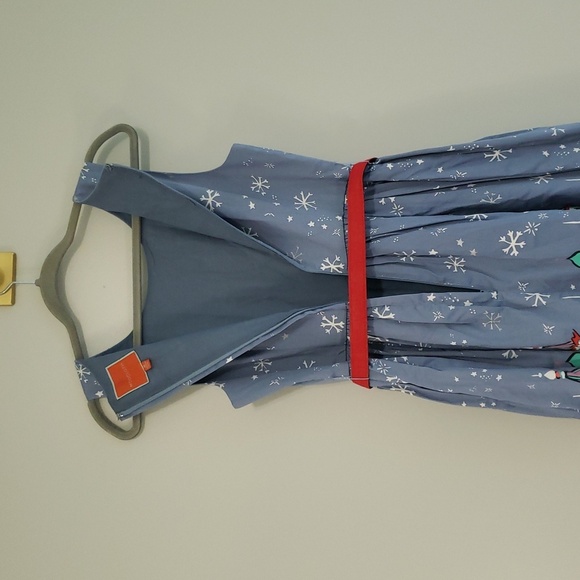 Modcloth Holiday Dress Medium Blue Red White Sleeveless Belt Snowflakes Winter - Picture 9 of 16